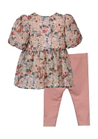 Toddler Girls Floral Printed Eyelet Top and Solid Leggings Set