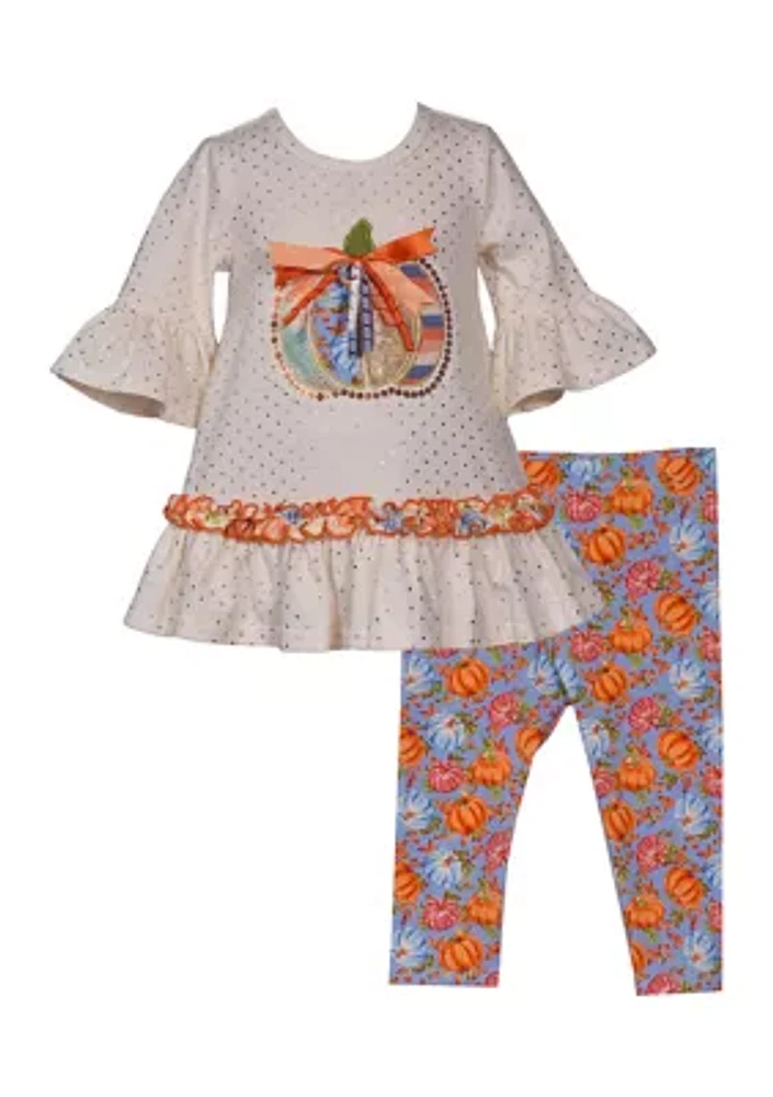 Toddler Girls Pumpkin Appliqué Top and Printed Leggings Set