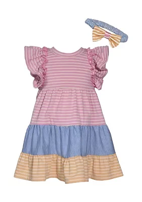 Toddler Girls Tiered Striped Dress with Headband