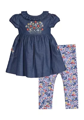 Toddler Girls Embroidered Denim Top and Printed Leggings Set