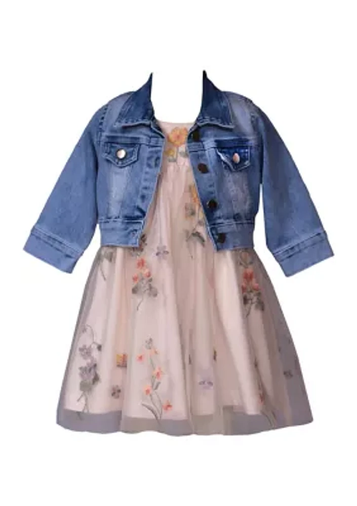 Toddler Girls Floral Embroidered Denim Jacket Dress