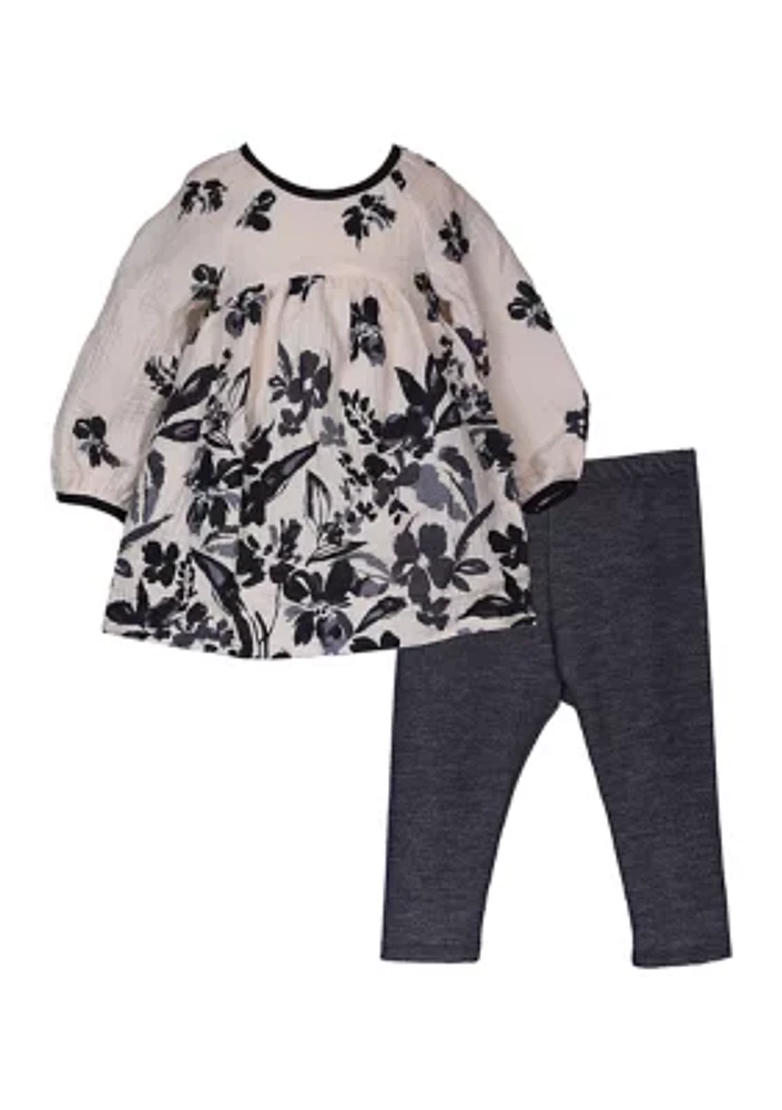 Toddler Girls Floral Printed Gauze Knit Top and Leggings Set