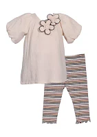 Toddler Girls Picot Flower Top and Striped Leggings Set