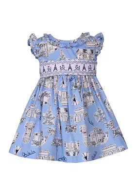 Baby Girls Paris Printed Smocked Ruffle Dress