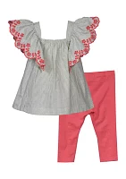 Baby Girls Embroidered Flutter Sleeve Top and Solid Leggings Set