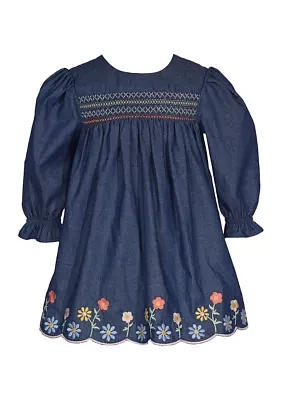 Baby Girls Scalloped Hem Floral Embroidered Denim Dress