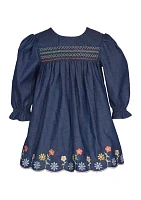 Baby Girls Scalloped Hem Floral Embroidered Denim Dress