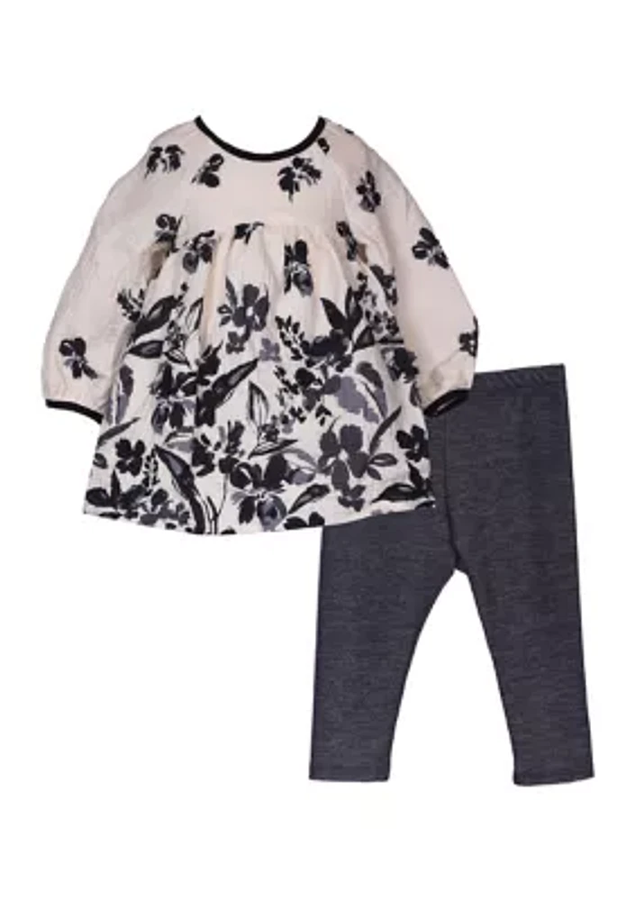 Baby Girls Floral Printed Gauze Knit Top and Leggings Set