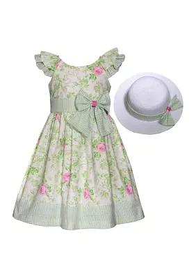 Toddler Girls Floral Printed Dress and Hat Set