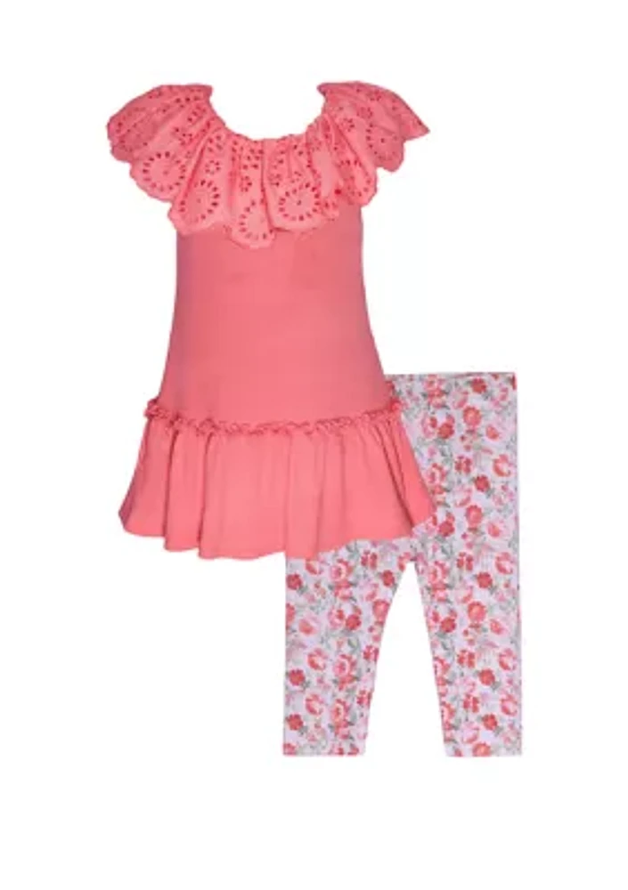 Toddler Girls Eyelet Top with Floral Printed Knit Leggings