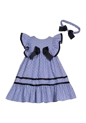 Toddler Girls Clip Dot Chambray Dress with Headband