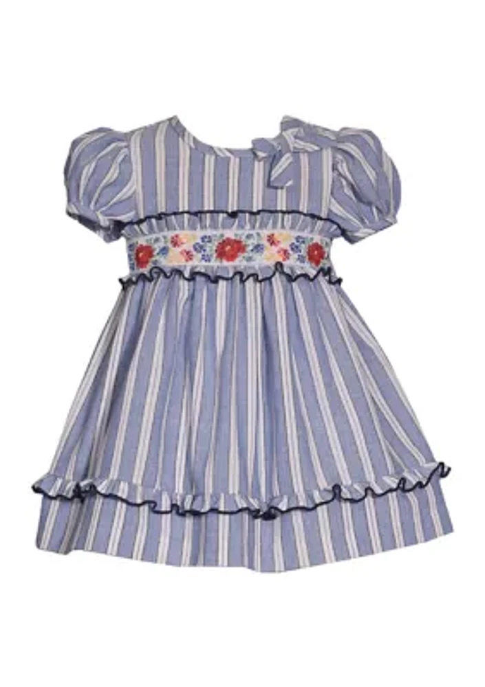 Toddler Girls Striped Chambray Embroidered Dress