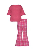 Toddler Girls Tie Front Plaid Top and Printed Pants Set