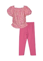 Toddler Girls Crochet Knit Floral Printed Top and Leggings Set