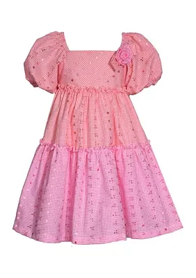 Toddler Girls Puff Sleeve Color Blocked Eyelet Dress