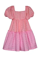 Toddler Girls Puff Sleeve Color Blocked Eyelet Dress