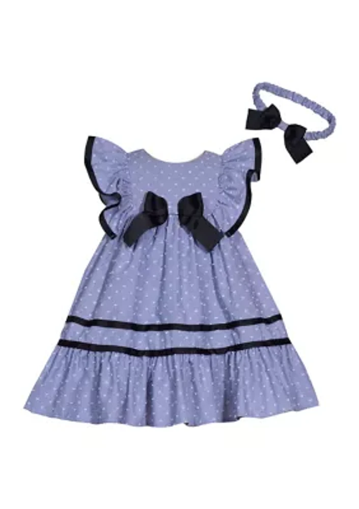 Baby Girls Clip Dot Chambray Dress with Headband