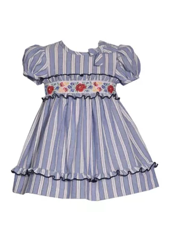 Baby Girls Striped Chambray Embroidered Dress