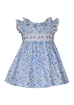 Baby Girls Flutter Sleeve Toile Smocked Printed Dress