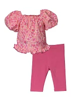 Baby Girls Puff Sleeve Floral Printed Top and Leggings Set