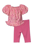 Baby Girls Puff Sleeve Floral Printed Top and Leggings Set