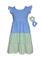 Toddler Girls Color Blocked Knit Tiered Dress with Scrunchies