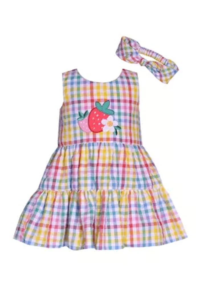 Toddler Girls Strawberry Appliqué Seersucker Dress with Headband