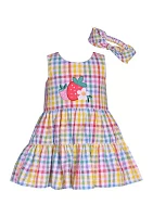 Toddler Girls Strawberry Appliqué Seersucker Dress with Headband