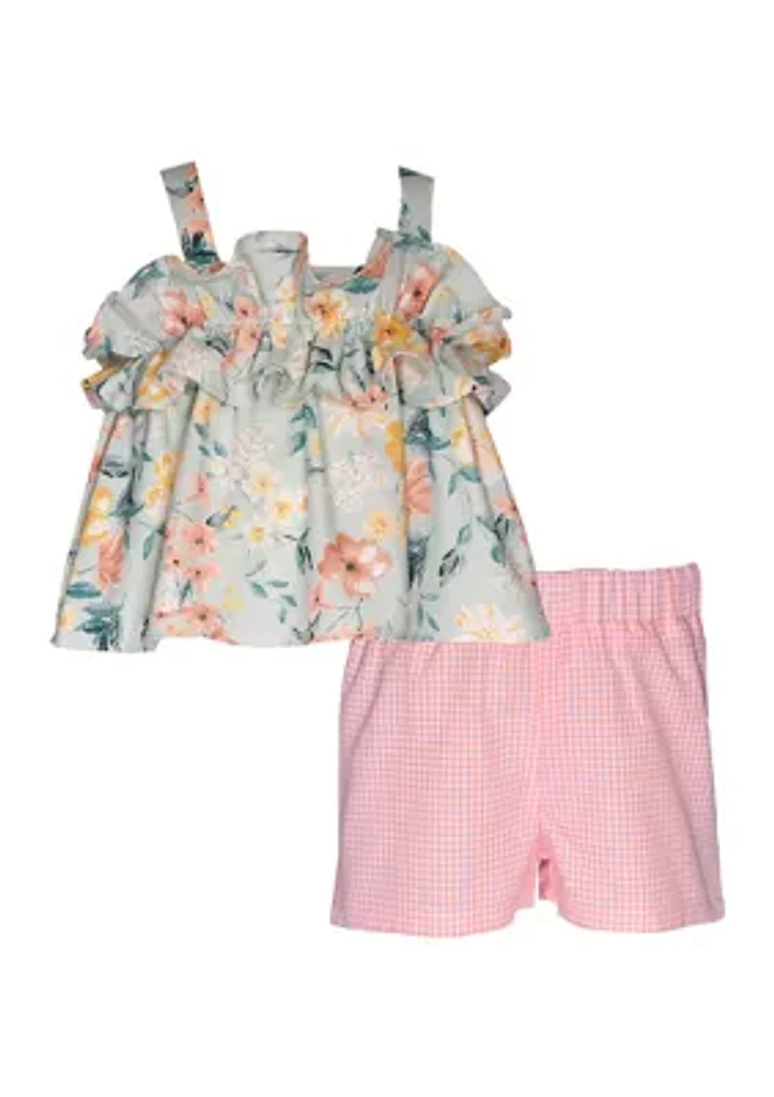 Toddler Girls Ruffle Bodice Printed Top and Shorts Set