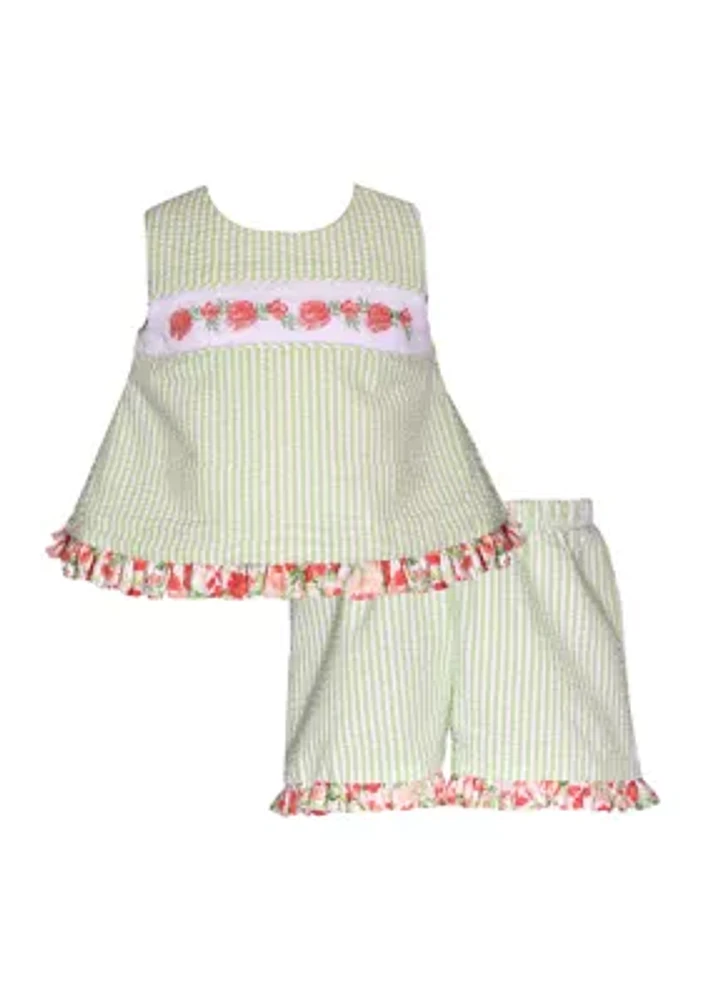 Baby Girls Seersucker Striped Floral Trim Top and Shorts Set