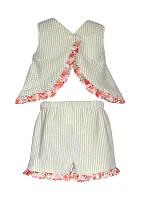 Baby Girls Seersucker Striped Floral Trim Top and Shorts Set