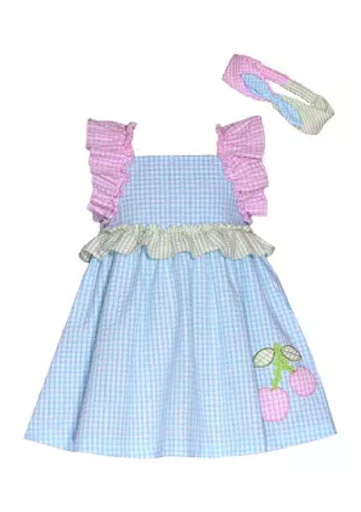 Baby Girls Sleeveless Printed Seersucker Dress with Headband