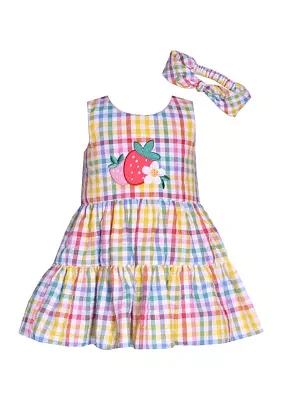 Baby Girls Seersucker Strawberry Appliqué Dress with Headband