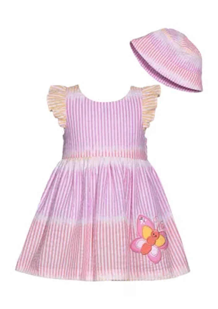 Baby Girls Seersucker Dress with Butterfly Appliqué and Hat