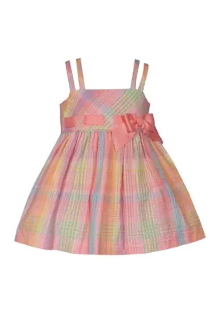 Baby Girls Double Strap Plaid Seersucker Bow Dress