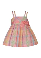 Baby Girls Double Strap Plaid Seersucker Bow Dress