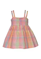 Baby Girls Double Strap Plaid Seersucker Bow Dress