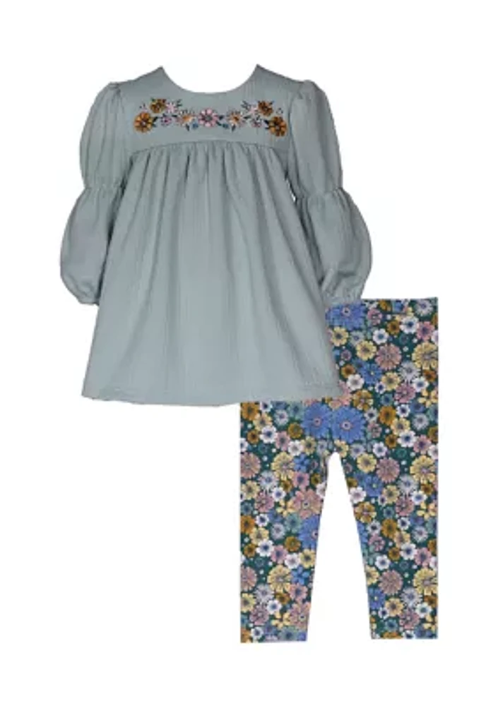 Toddler Girls Floral Embroidered Top and Printed Leggings Set