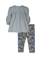 Toddler Girls Floral Embroidered Top and Printed Leggings Set