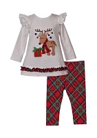 Toddler Girls Ruffled Reindeer Appliqué Set