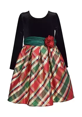 Toddler Girls Velvet Bodice to Plaid Printed Skirt Dress