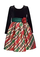 Toddler Girls Velvet Bodice to Plaid Printed Skirt Dress