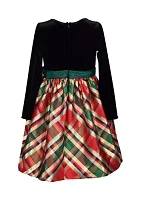 Toddler Girls Velvet Bodice to Plaid Printed Skirt Dress