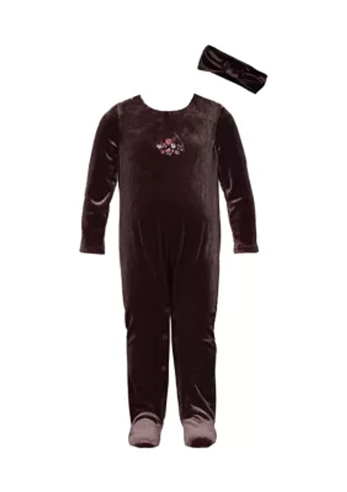 Baby Girls Velvet Footie Pajamas with Headband