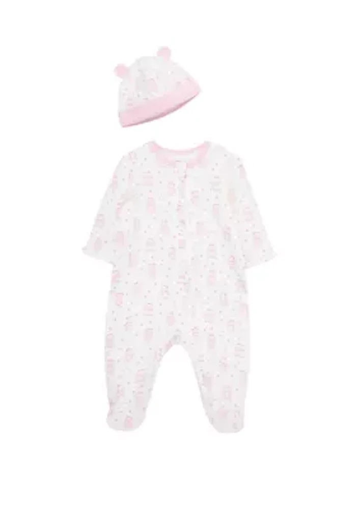 Baby Girls Joyful Bear Footie and Hat Pajama Set