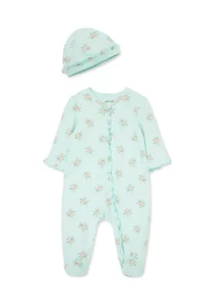 Baby Girls Delicate Floral Printed Footie Pajamas with Hat