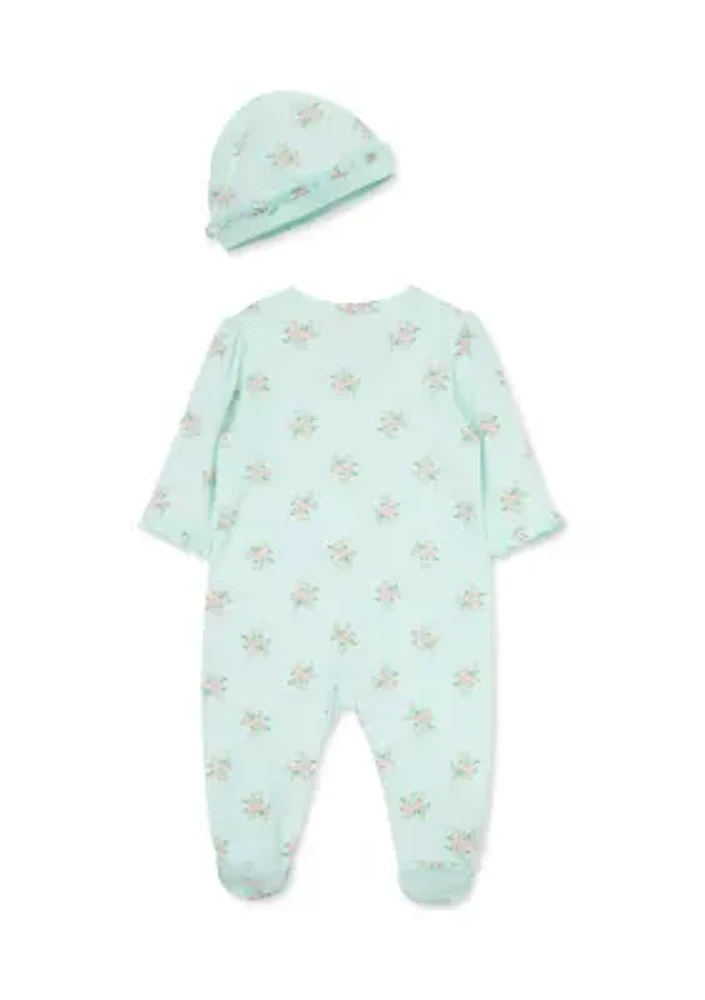 Baby Girls Delicate Floral Printed Footie Pajamas with Hat