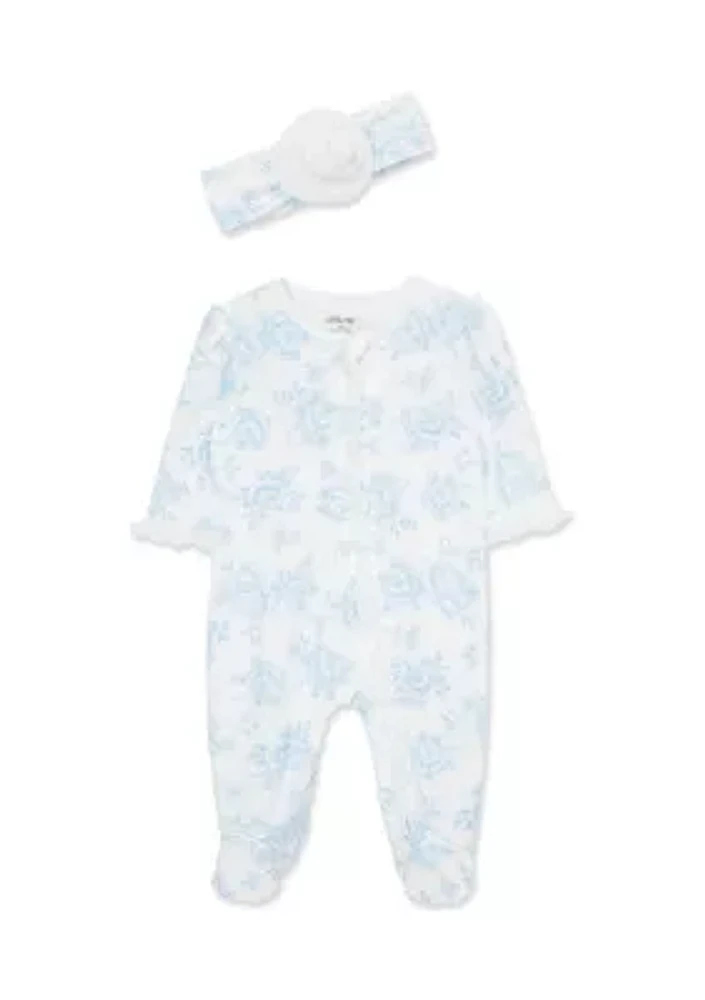 Baby Girls Blue Roses Footie Pajamas with Headband