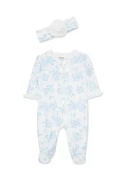 Baby Girls Blue Roses Footie Pajamas with Headband