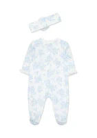 Baby Girls Blue Roses Footie Pajamas with Headband